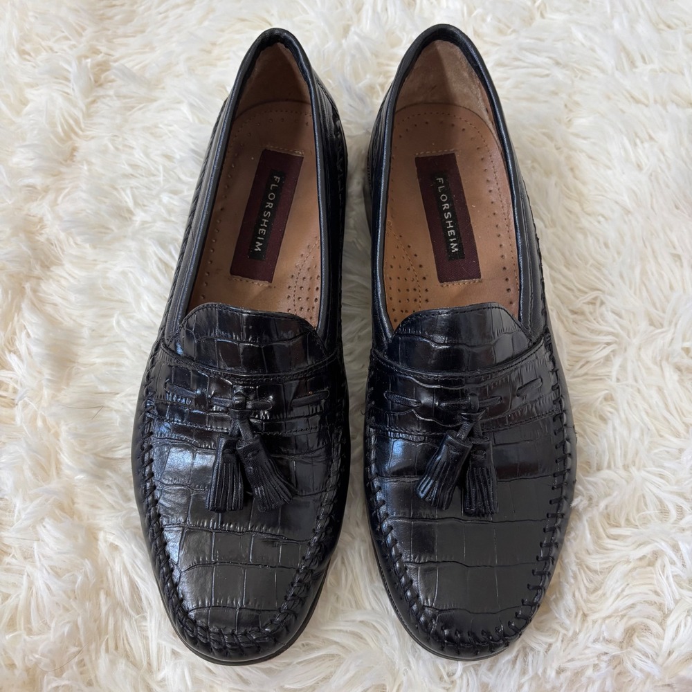 Florsheim Mens Black Croc Embossed Leather Tassel Loafers 18469 Size 8 D